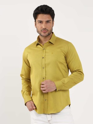 Dufy Erkek Slim Fit Uzun Kol Koyu Sarı Gömlek