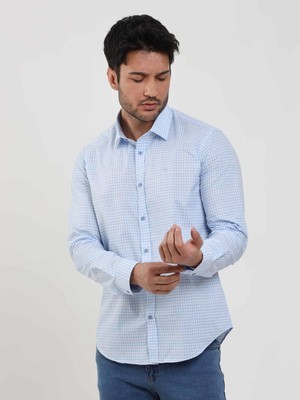 Dufy Mavi Erkek Slim Fit Kareli Brent Yaka Uzun Kol Gömlek - 102384