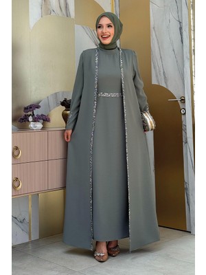 Bym Fashion Büyük Beden Taş İşleme Detaylı Yelekli Elbise Takım 3838-1 Mint