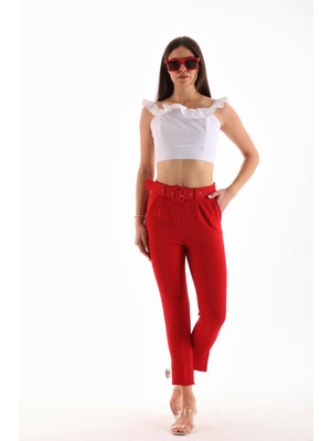 Alinda  Plazzo  Fermuarlı  Kemerli Dar Paça Cepli Pileli Esnek  Kadın  Pantolon