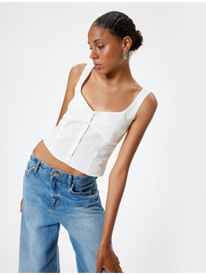 Koton Crop Atlet Poplin Kalın Askılı Düğmeli V Yaka Slim Fit Yazlık Rahat Kadın Üst