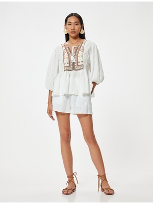 Koton Balon Kol Bluz Etnik Desenli Işlemeli Yakası Bağlamalı Pamuklu Rahat Kalıp