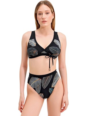 Zeki Yaprak Desenli Yüksek Bel Bikini Takım