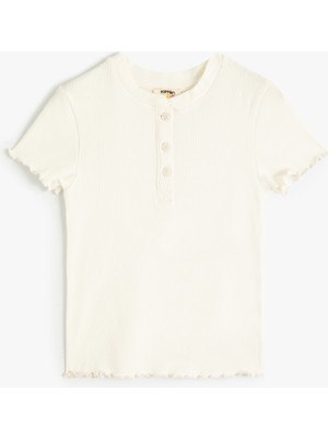 Koton Tişört Kısa Kollu Yuvarlak Yaka Düğme Detaylı Ribanalı Pamuklu