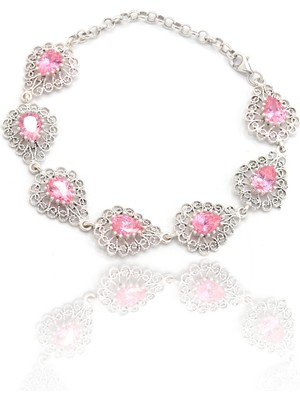 Midyat Nurtaş Gümüş Pembe Kuvars Taşlı Damla Model 925 Ayar Gümüş Telkari Bileklik 201023137