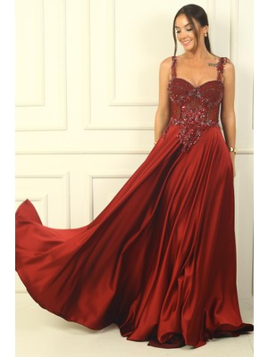 By Saygı Askılı Boncuk-Pul Işlemeli Balenli Transparan Astarlı Saten Uzun Abiye Elbise