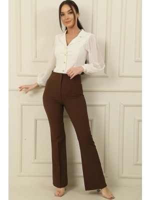 Saygı Giyim Yüksek Bel Cepli En Boy Likra Ispanyol Paça  Pantolon
