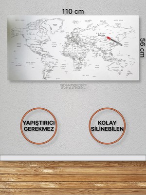 Toyfest Duvara Kendiliğinden Manyetik Yapışan Yazılıp Silinebilen Dünya Haritası 110 x 56 cm
