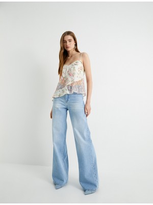 Koton Bol Paça Kot Pantolon Standart Bel Cepli Pamuklu - Bianca Wide Leg Jeans