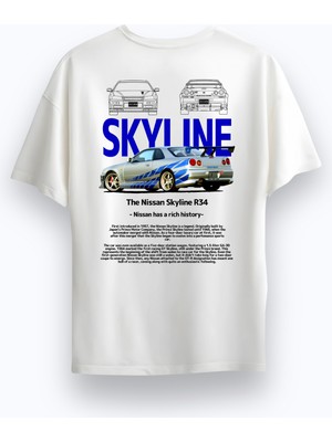 Alex Rosen Unisex Oversize Bisiklet Yaka Skyline Baskılı Kısa Kollu Beyaz Tişört