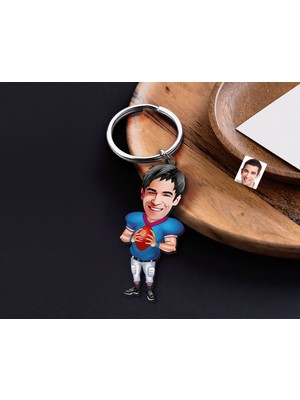 Bk Gift Kişiye Özel Amerikan Futbolcusu Karikatürlü Ahşap Anahtarlık-12 Sevgiliye Hediye, Arkadaşa Hediye, Doğum Günü Hediyesi