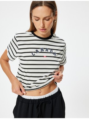 Koton Baskılı Crop Tişört Kısa Kollu Bisiklet Yaka Pamuklu
