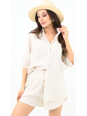 Koza Kadın Keten Çizgili Şortlu Takım 0014 23132