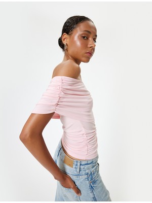 Koton Kayık Yaka Tişört Drape Detaylı Slim Fit Kısa Kollu
