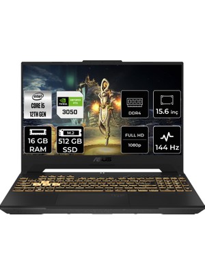 Asus TUF Gaming F15 FX507ZC4 Intel Core i5 12500H 16GB 512GB SSD 4GB RTX3050 Freedos 15.6" FHD 144Hz Taşınabilir Bilgisayar