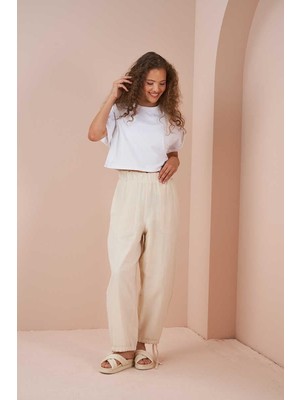 Mevra Bağcıklı Müslin Astarlı Şalvar Pantolon Ekru