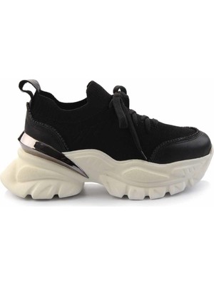 Bambi Siyah Siyah Triko Hakiki Deri Kadın Sneaker K01480004903