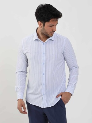 Dufy Mavi Erkek Slim Fit Çizgili Düğmeli Yaka Uzun Kol Gömlek - 104860