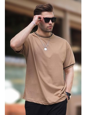 Madmext Vizon Bisiklet Yaka Kol Boyun Şeritli Overfit Tişört 7024