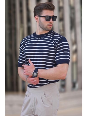 Lacivert Bisiklet Yaka Çizgili Kısa Kollu Erkek Tişört 6884