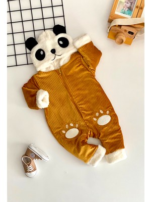Derin Bebe Neşeli Bebekler Içi Welsoft Dışı Kadife Kapüşonlu Pandalı Tulum Hardal