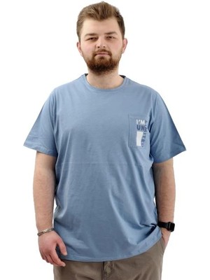 Superxl Erkek Büyük Beden T-Shirt Pamuklu Baskılı Bisiklet Yaka Tişört Lımıted U24052 Mavi