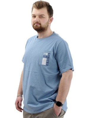 Superxl Erkek Büyük Beden T-Shirt Pamuklu Baskılı Bisiklet Yaka Tişört Lımıted U24052 Mavi