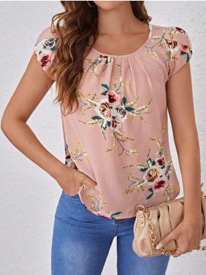 Stock Mount Kadın Kısa Kollu Bisiklet Yaka Çiçek Baskılı Süprem Bluz