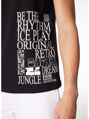 Ice Play Bisiklet Yaka Baskılı Siyah Erkek T-Shirt 24EU1M0F016P400_T-SHIRT