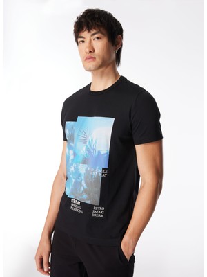 Ice Play Bisiklet Yaka Baskılı Siyah Erkek T-Shirt 24EU1M0F019P400_T-SHIRT