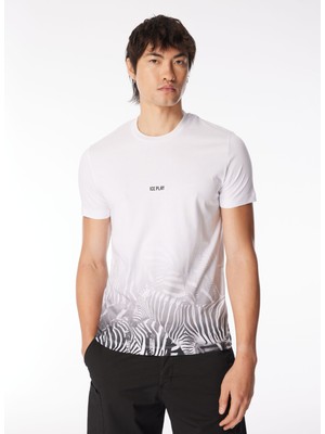 Ice Play Bisiklet Yaka Desenli Beyaz Erkek T-Shirt 24EU1P0F0196324_T-SHIRT