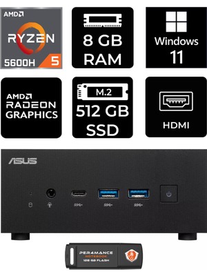 Asus Expertcenter PN52 Amd Ryzen 5 5600H 8gb 512GB SSD W11P Mini Pc & Per4 USB Bellek PN52P1402