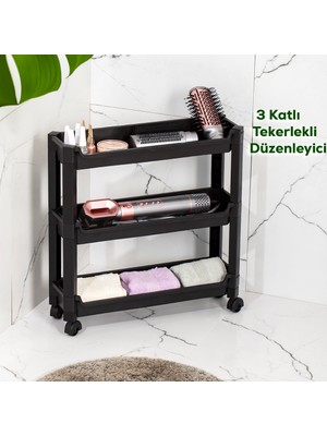 Porsima Rafty-65-Eco-1 Tekerlekli 3 Katlı Mutfak Düzenleyici - 46,5 x 14,5 x 48,3 cm Hareketli Raf - Siyah