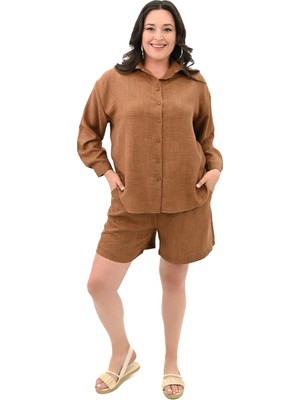 Koza Kadın Büyük Beden Şortlu Keten Takım 8121-25