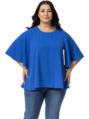 Disentis Modest Büyük Beden Geniş Kısa Kollu Saks Mavisi Bluz