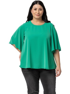Disentis Modest Büyük Beden Geniş Kısa Kollu Benetton Yeşili Bluz