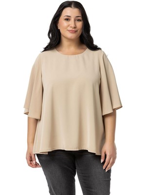 Disentis Modest Büyük Beden Geniş Kısa Kollu Bej Rengi Bluz