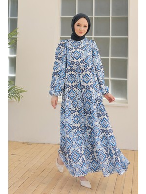 Armine Trend Belden Kuşaklı Desenli Elbise Indigo 24YT947