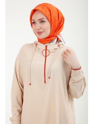 Armine Trend Kolları Ribanalı Kapüşonlu Yarım Fermuarlı Tunik Bej 24YT461