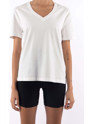 Coredra Basic V Yaka T-Shirt Kadın - Ekru