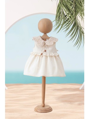 Kids Little Store Dantel Yaka Boncuklu Naturel Elbise (6-24 Ay )