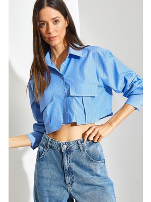 Shade Kadın Çift Körüklü Çizgili Crop Gömlek