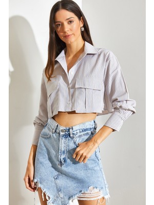 Shade Kadın Çift Körüklü Çizgili Crop Gömlek