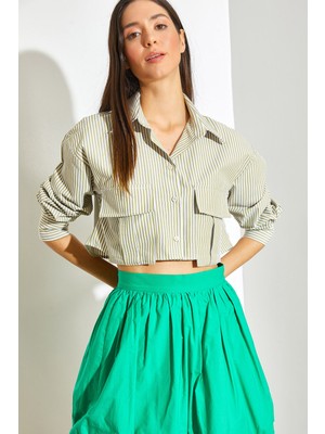 Shade Kadın Çift Körüklü Çizgili Crop Gömlek