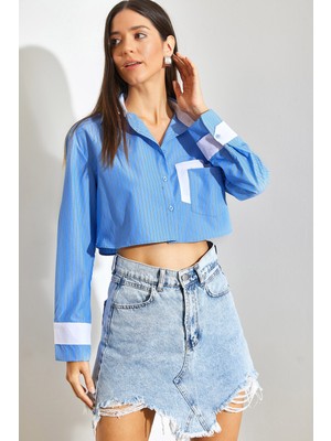 Shade Kadın Garni Cep Detaylı Çizgili Crop Gömlek