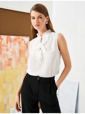 Koton 4Sak60199Uw 001 Kırık Beyaz Kadın Dokuma Kısa Kollu Bluz