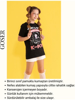 Goser Kız Çocuk K-Pop Kore Baskılı Pamuk Siyah Oversize T-Shirt