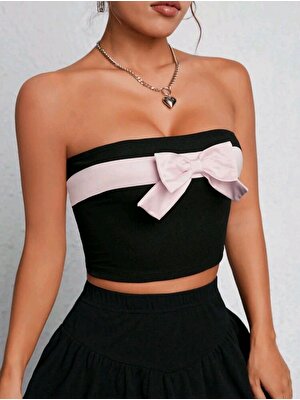 Pinkys Kalın Kurdeleli Siyah Straplez Lolita Crop Top