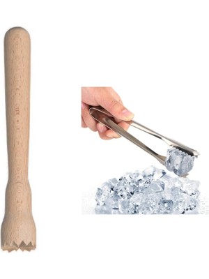 Adin Tasarım Ahşap Mojito Tokmağı Buz Maşası Seti Kokteyl Seti Bartender Koktely Seti Bar Tokmağı Bar Maşası