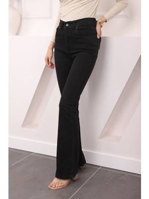 Antrasit Yüksek Bel İspanyol Paça Jeans Pantolon